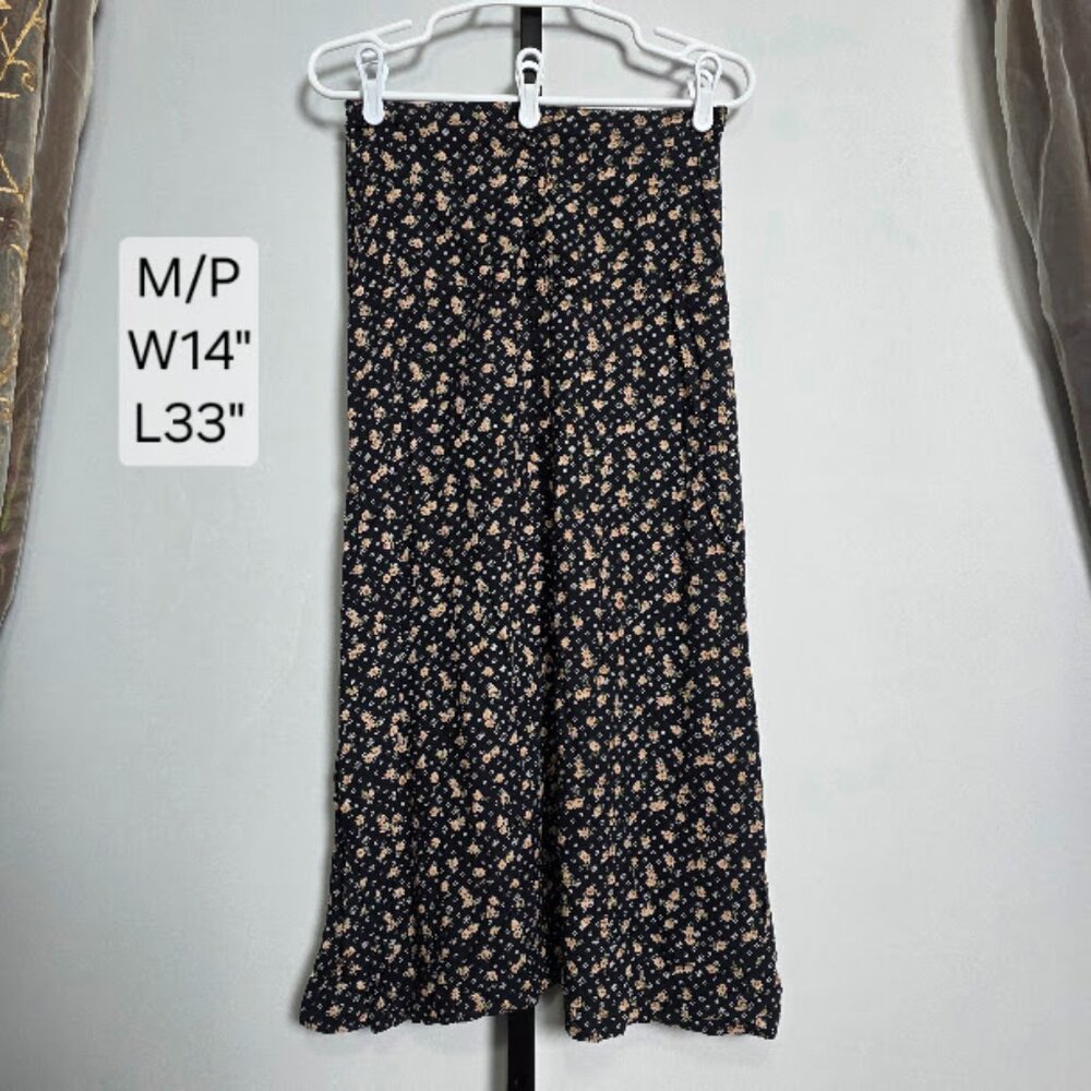 Vintage Studio Skirt Women's Petite M Black Floral Rayon Button Front Maxi 90s